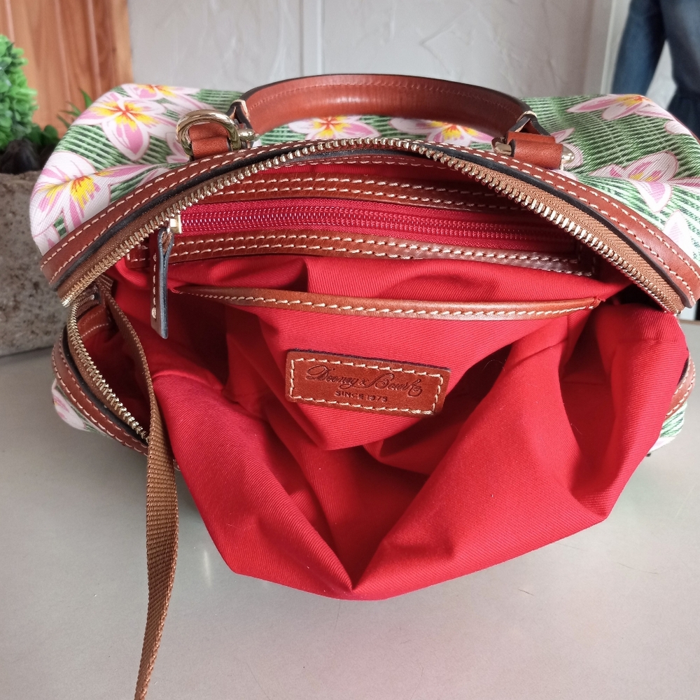 Dooney & Bourke Coated Cotton Plumeria Barrel Satchel, Pink/Green - Picture 12 of 16